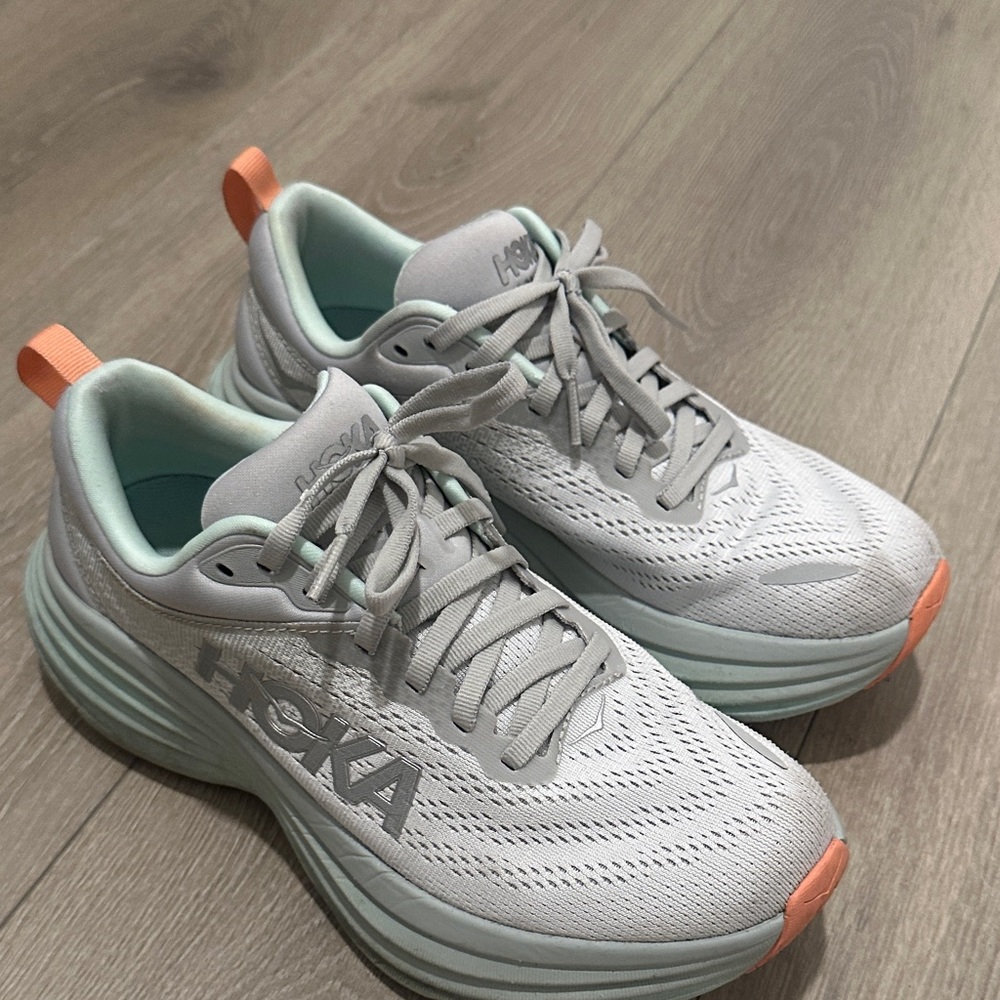 Hoka Bondi 8 Women's White and Mint Athletic Shoes
